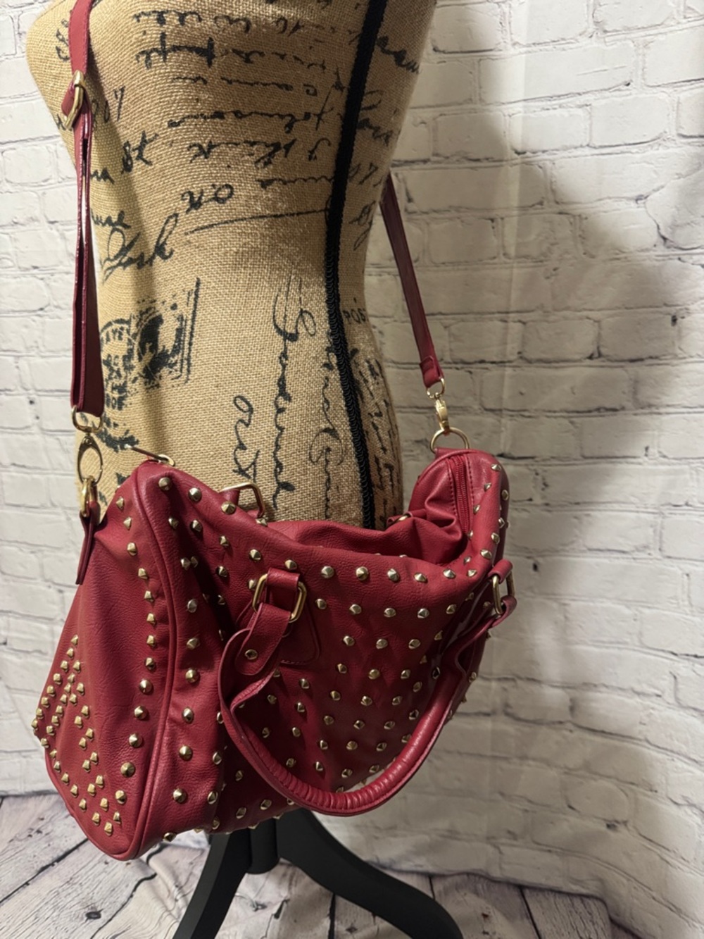 Under One Sky Edgy Studded Red Shoulder Bag - Stylish Everyday Tote vegan